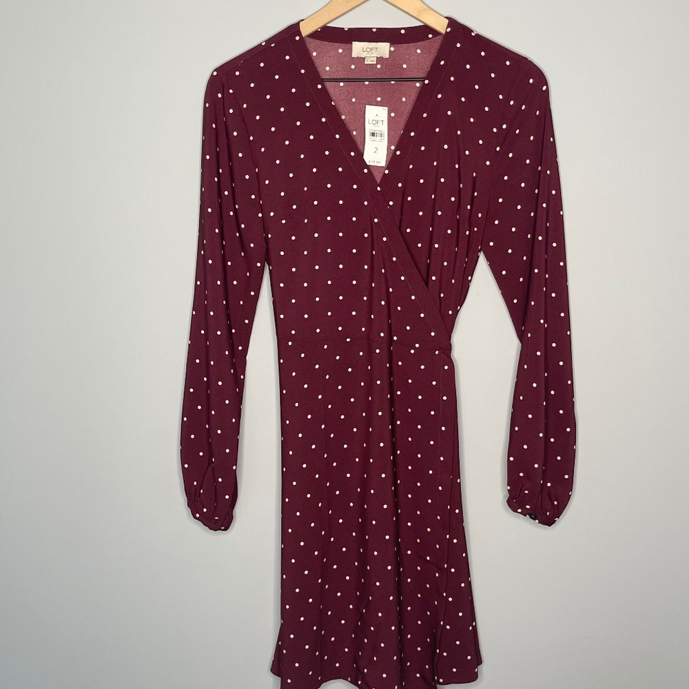 LOFT burgundy wrap polka dot dress size 2